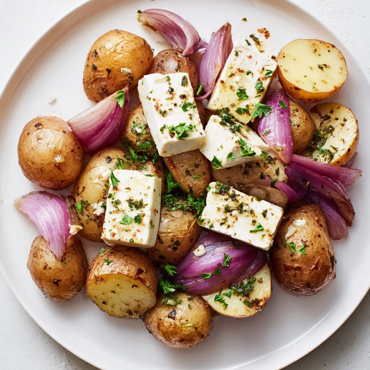 A vibrant Mediterranean-inspired Baked Feta Potatoes with Lemon side dish garnished with chili flakes, ideal alongside grilled chicken or fish.