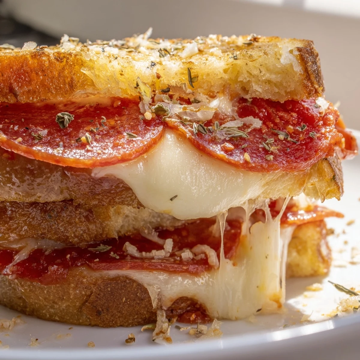 Golden-brown slices of Pizza Grilled Cheese rest on a plate, melted mozzarella peeking out from crispy sourdough edges.  
