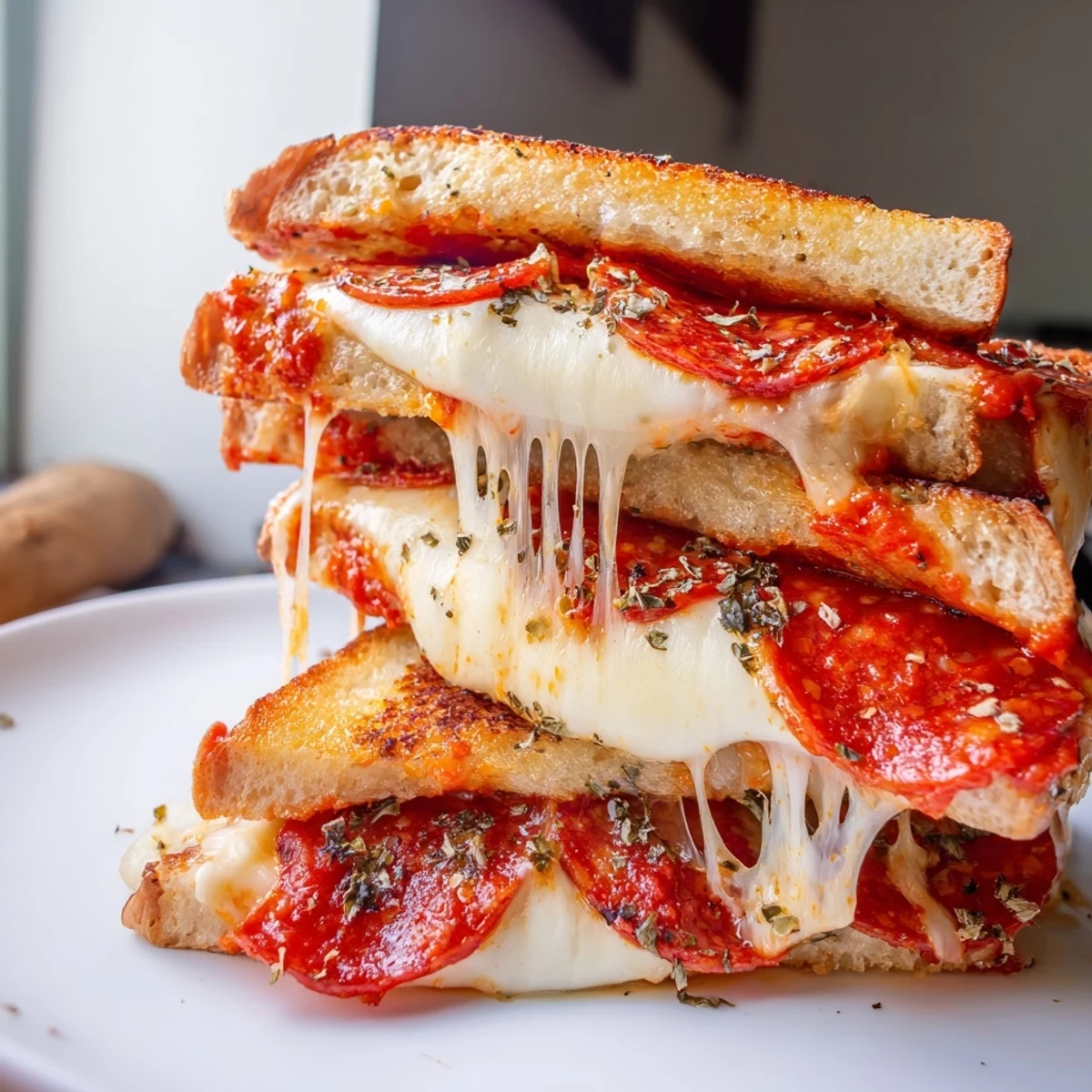 A skillet holds a hot, toasted Pizza Grilled Cheese, garnished with fresh basil and a side of dipping sauce.