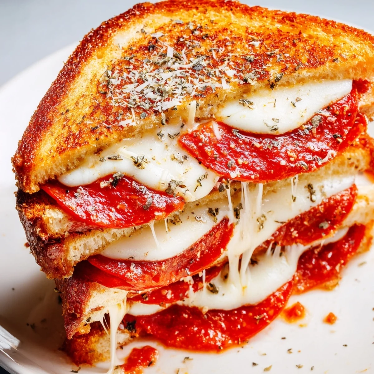 A close-up of a gooey Pizza Grilled Cheese sandwich cut in half, revealing layers of pepperoni and marinara sauce.  