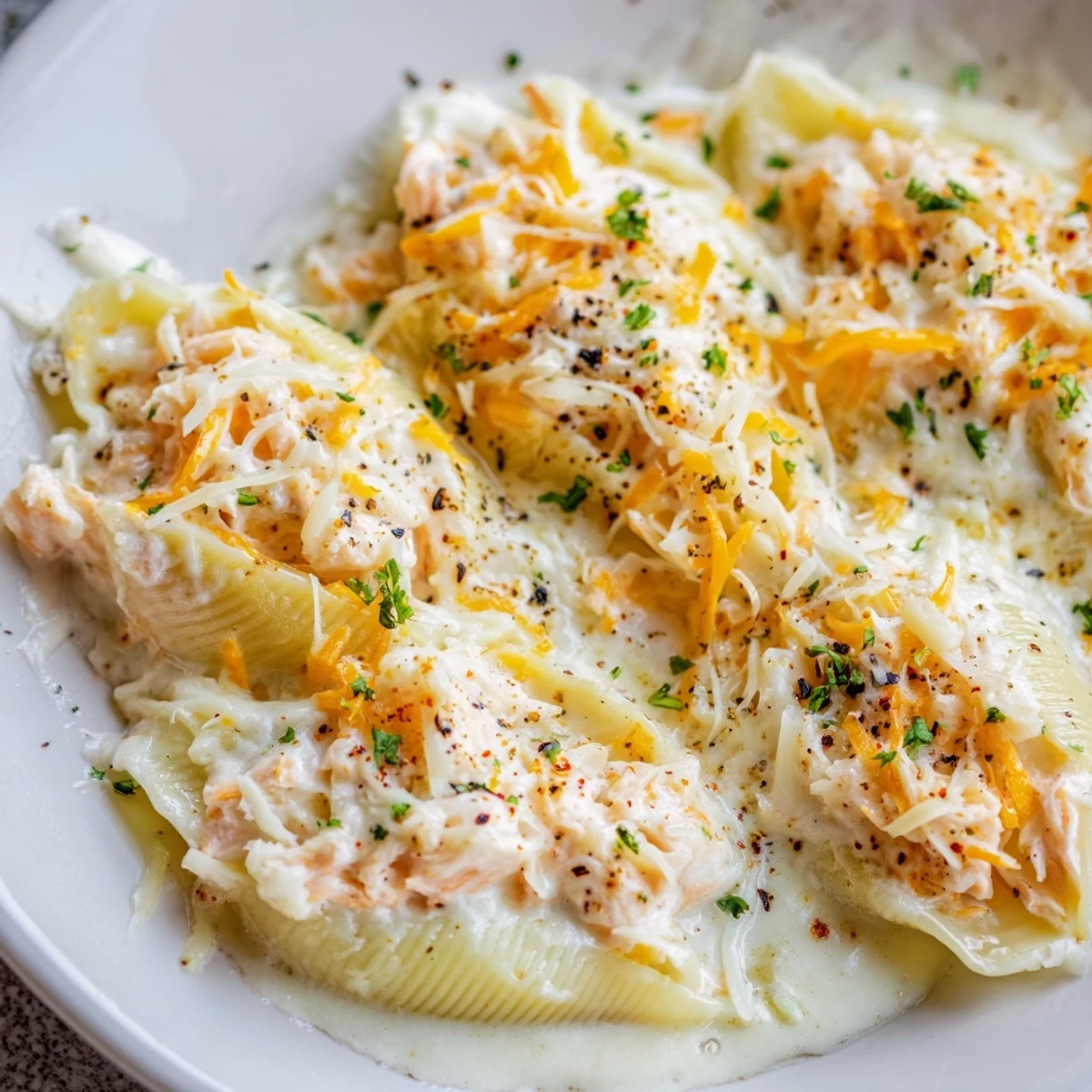 A baking dish of creamy seafood stuffed shells served with a crisp green salad and wine.
