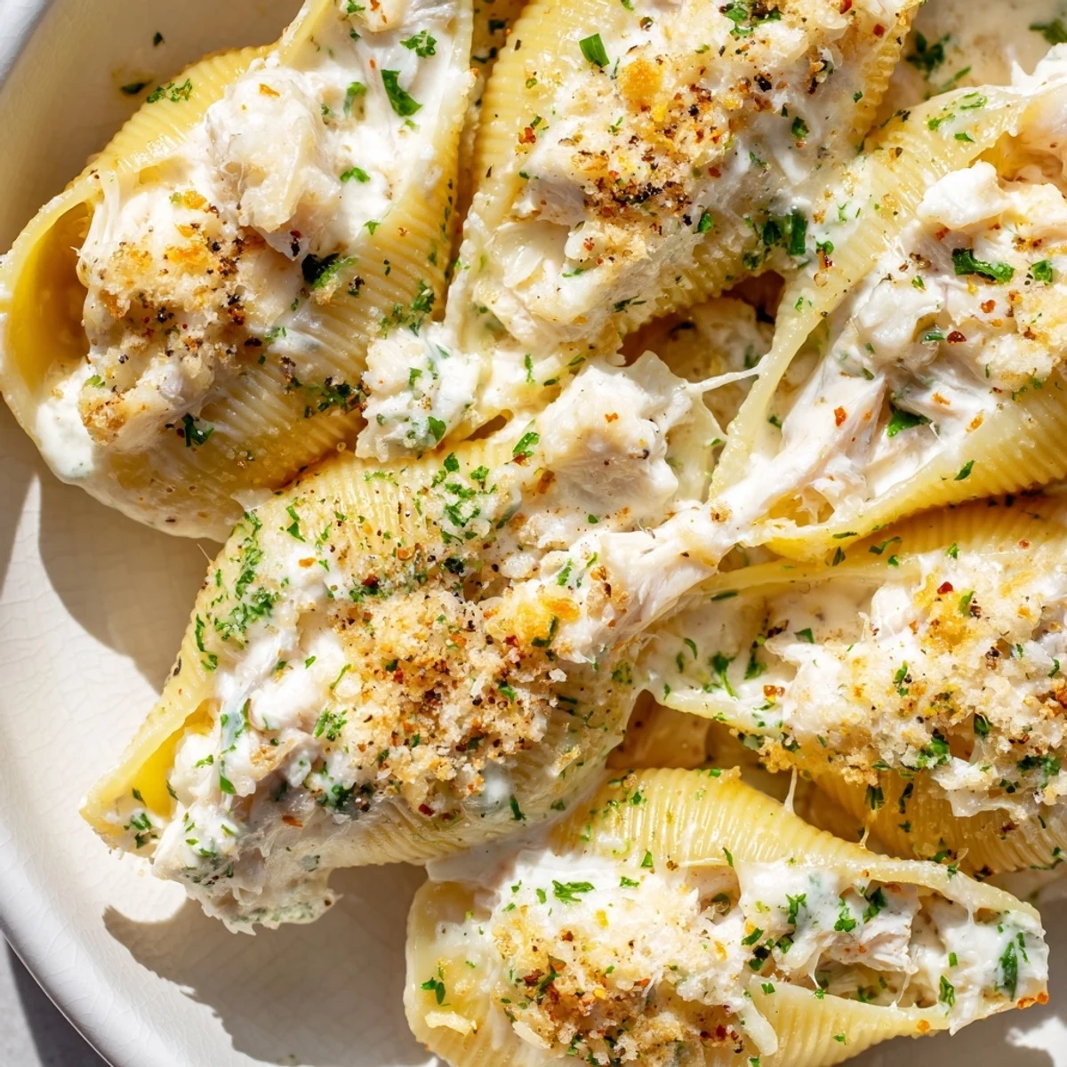 Close-up of creamy seafood stuffed shells topped with melted mozzarella and fresh parsley.
