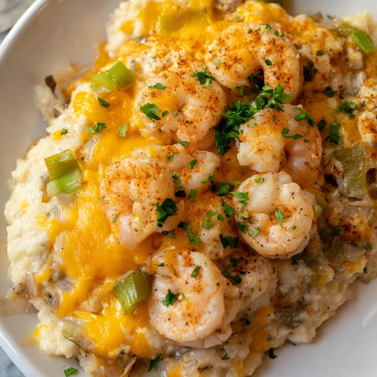 Golden, bubbly Monterey Jack cheese melts over layers of succulent shrimp and creamy cheddar grits in the Easy Shrimp & Grits Casserole.