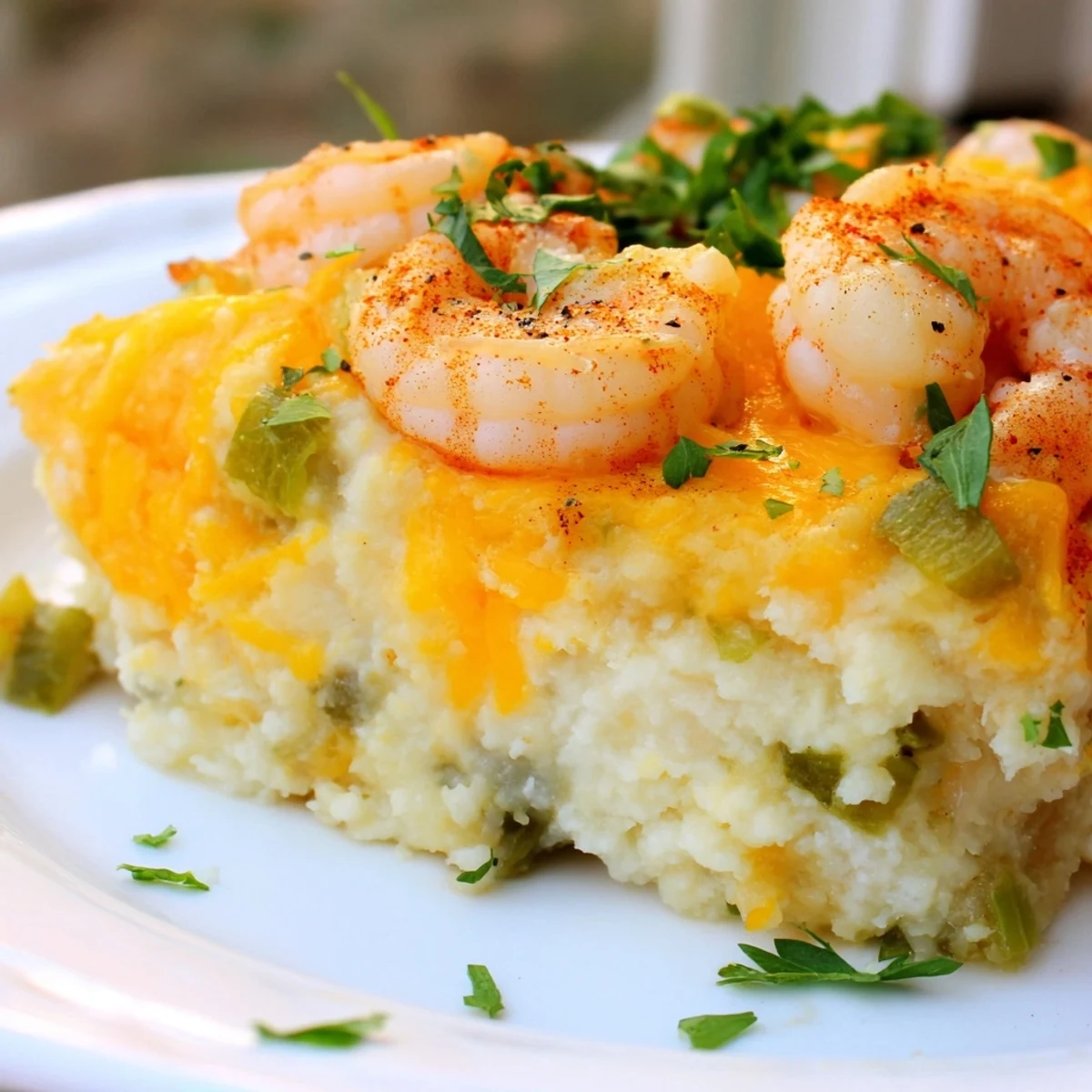 A rustic baking dish holds the Easy Shrimp & Grits Casserole, steam rising from the savory, golden-brown Southern comfort food.