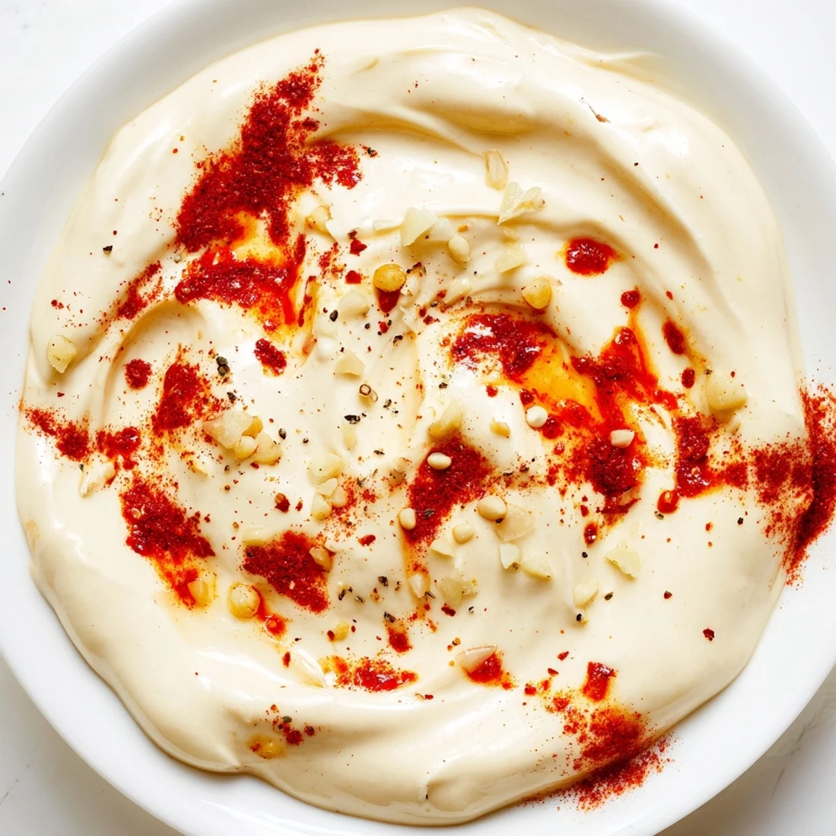 Creamy Spicy Aioli in a white bowl topped with smoked paprika and fresh herbs, ready for dipping fries or slathering on grilled burgers.