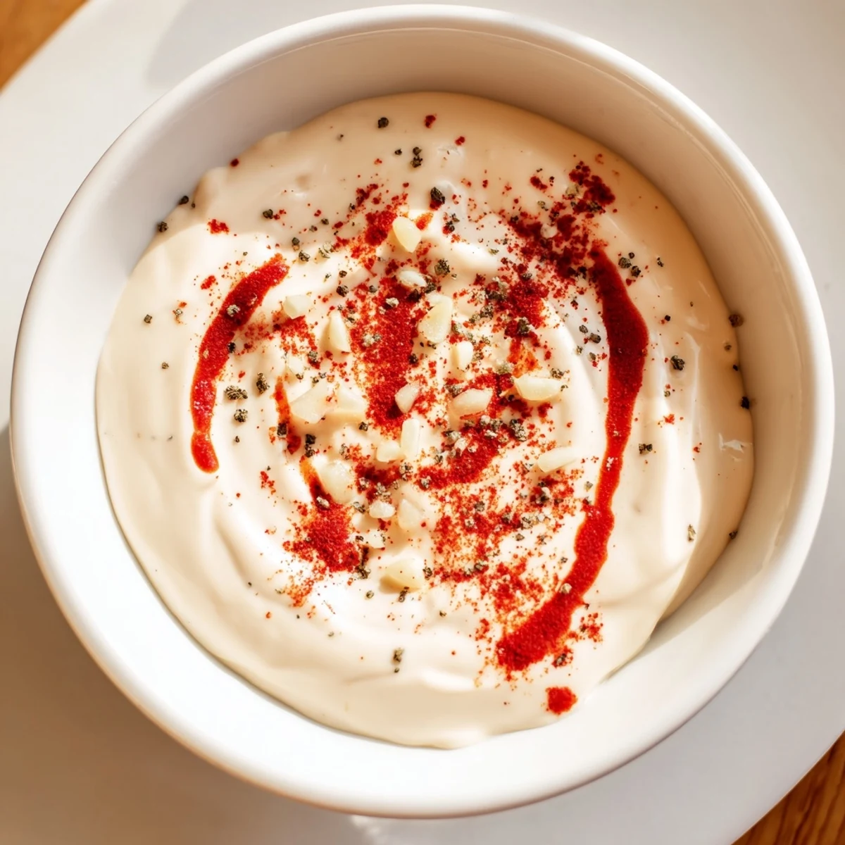 Two golden sweet potato fries dipped into homemade Spicy Aioli, showing its creamy, garlicky texture and fiery red hue against a rustic wooden board.