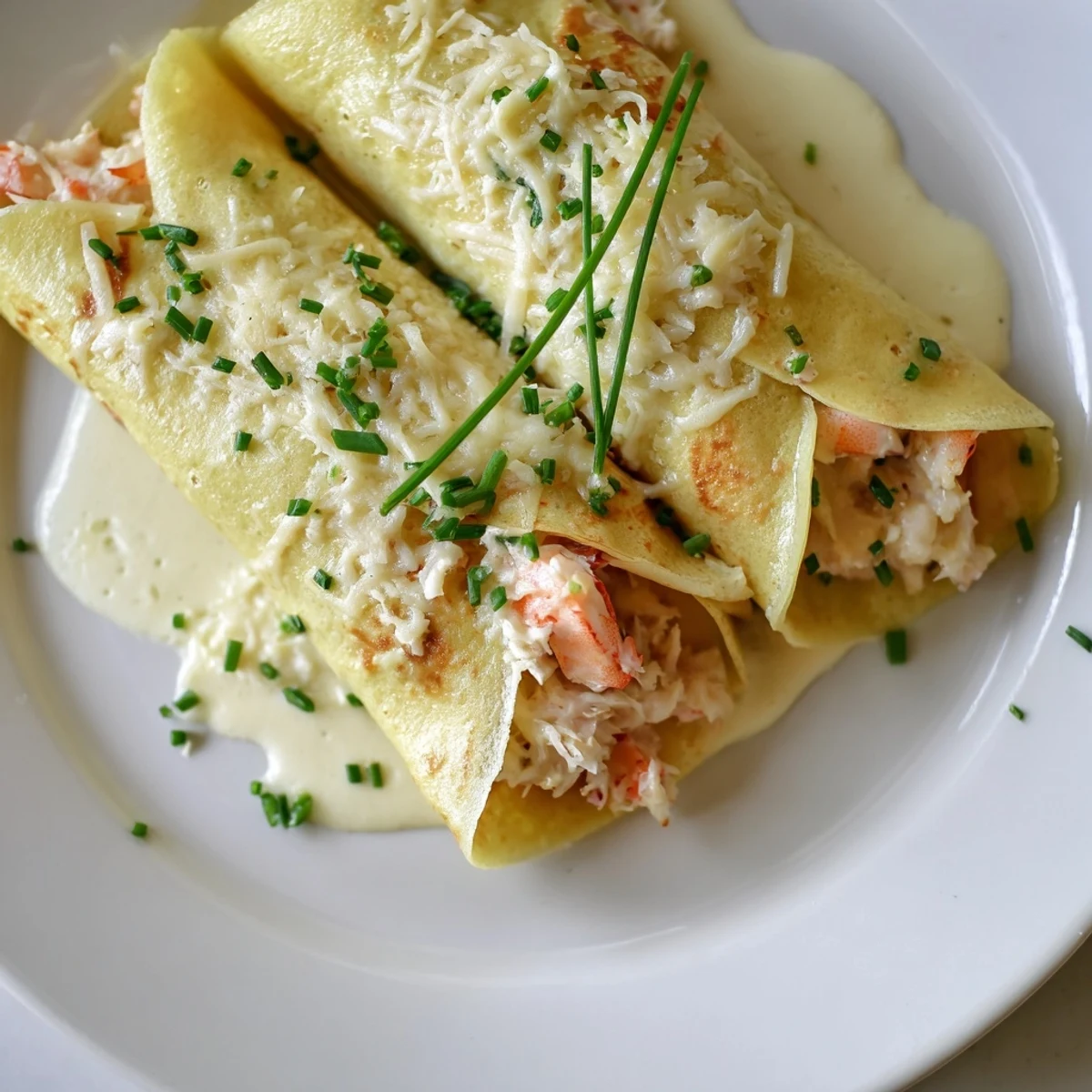 Golden-brown crêpes filled with shrimp and crab, smothered in creamy homemade béchamel and baked with Gruyère cheese.