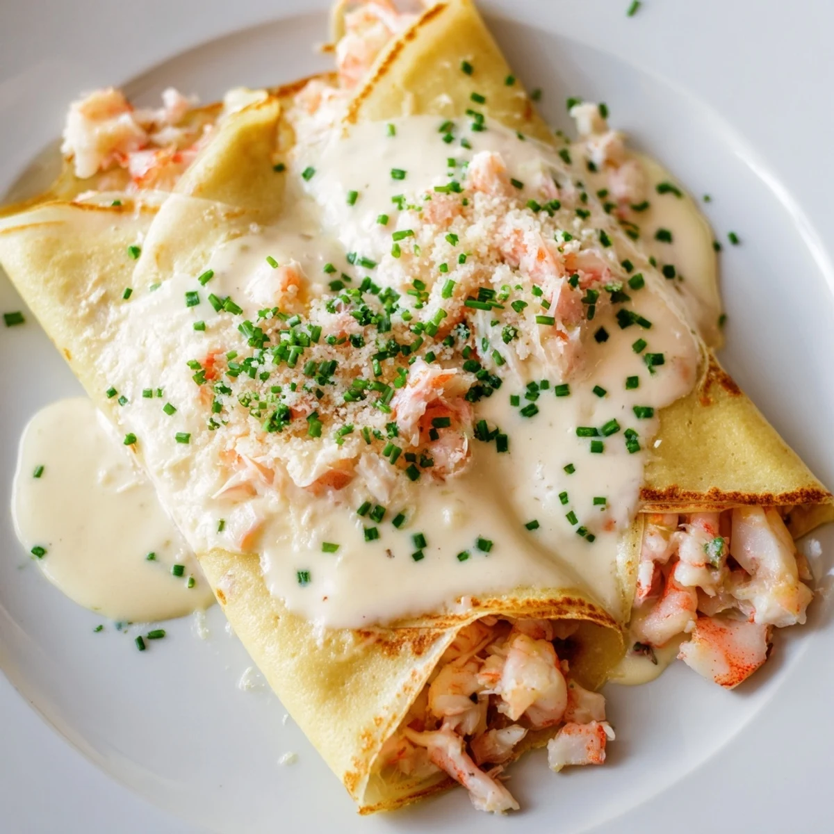 A close-up of gourmet seafood crêpes with béchamel sauce, ready to serve for an elegant French dinner.