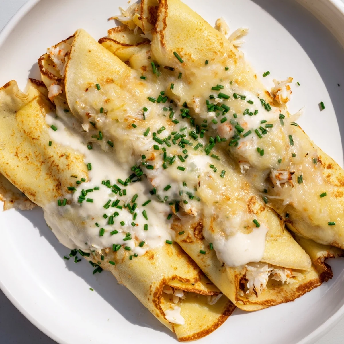 Two plates of seafood crêpes with béchamel and fresh herbs, showcasing a beautiful pescatarian main dish recipe.