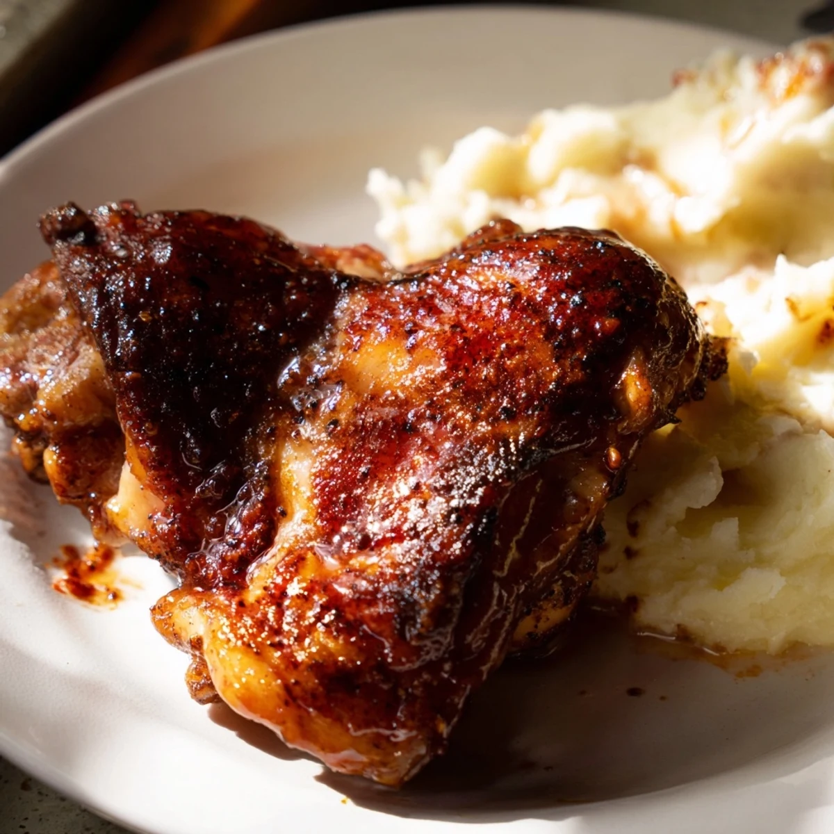 Golden-brown chipotle honey chicken thighs glistening with glaze, served alongside creamy smoked Gouda mashed potatoes and fresh chives.