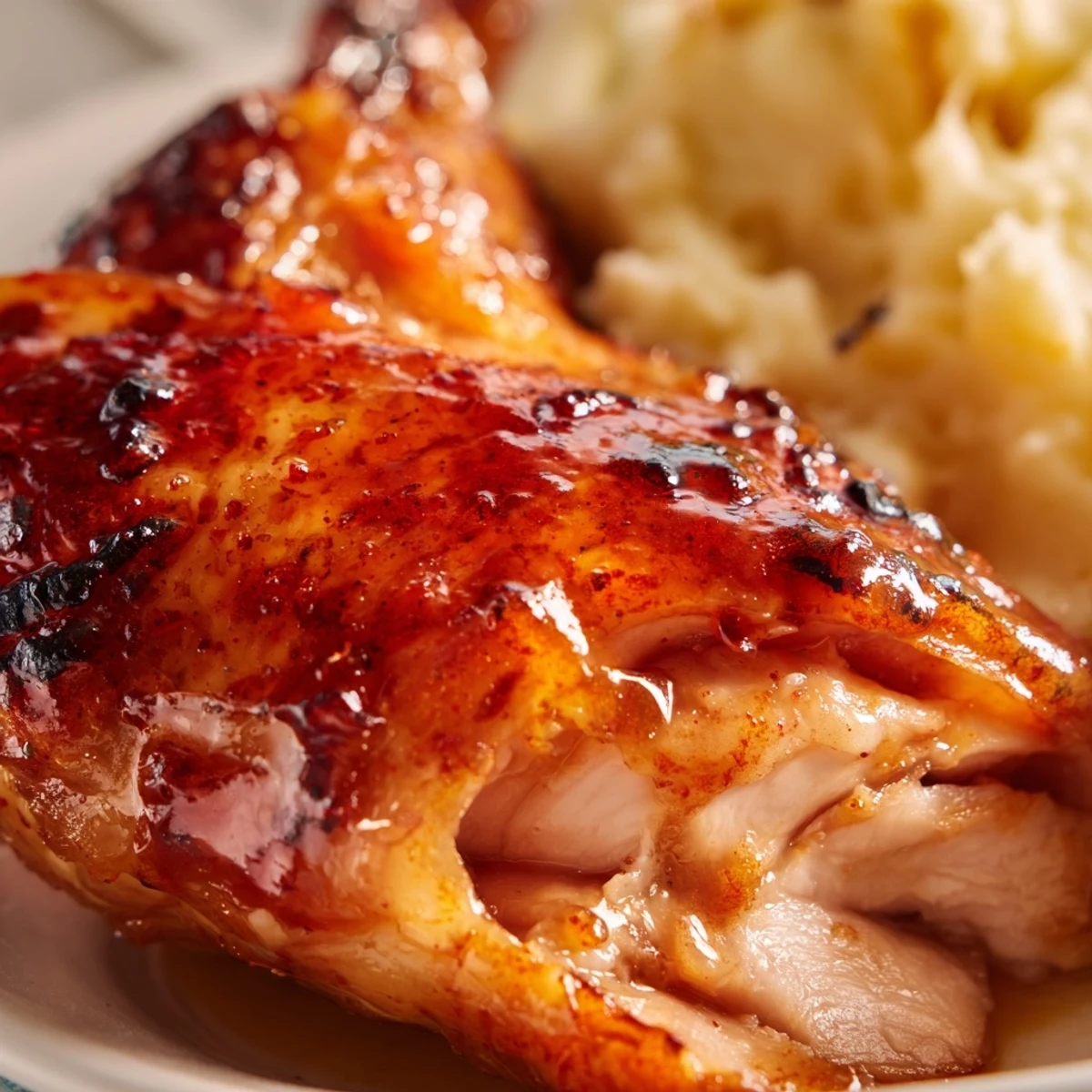 Juicy chipotle honey chicken thighs rest on a bed of velvety smoked Gouda potatoes, garnished with chopped chives for a pop of color.