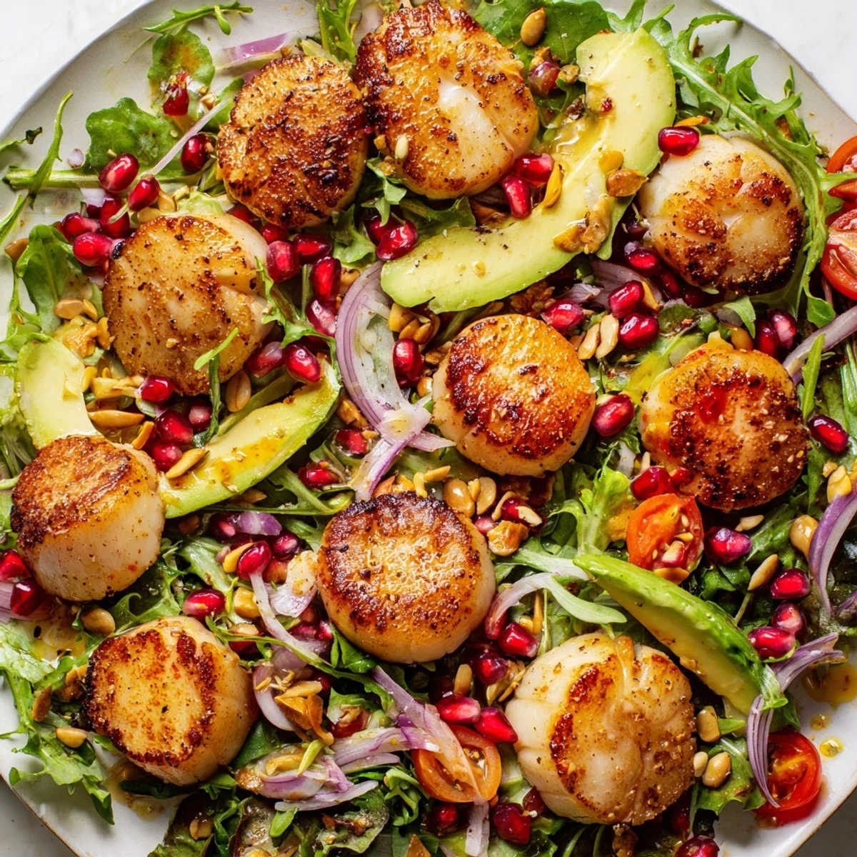 Freshly made citrus vinaigrette glistens on the Pan Seared Scallops Romantic Dinner Salad, served elegantly on white plates for a perfect romantic evening.