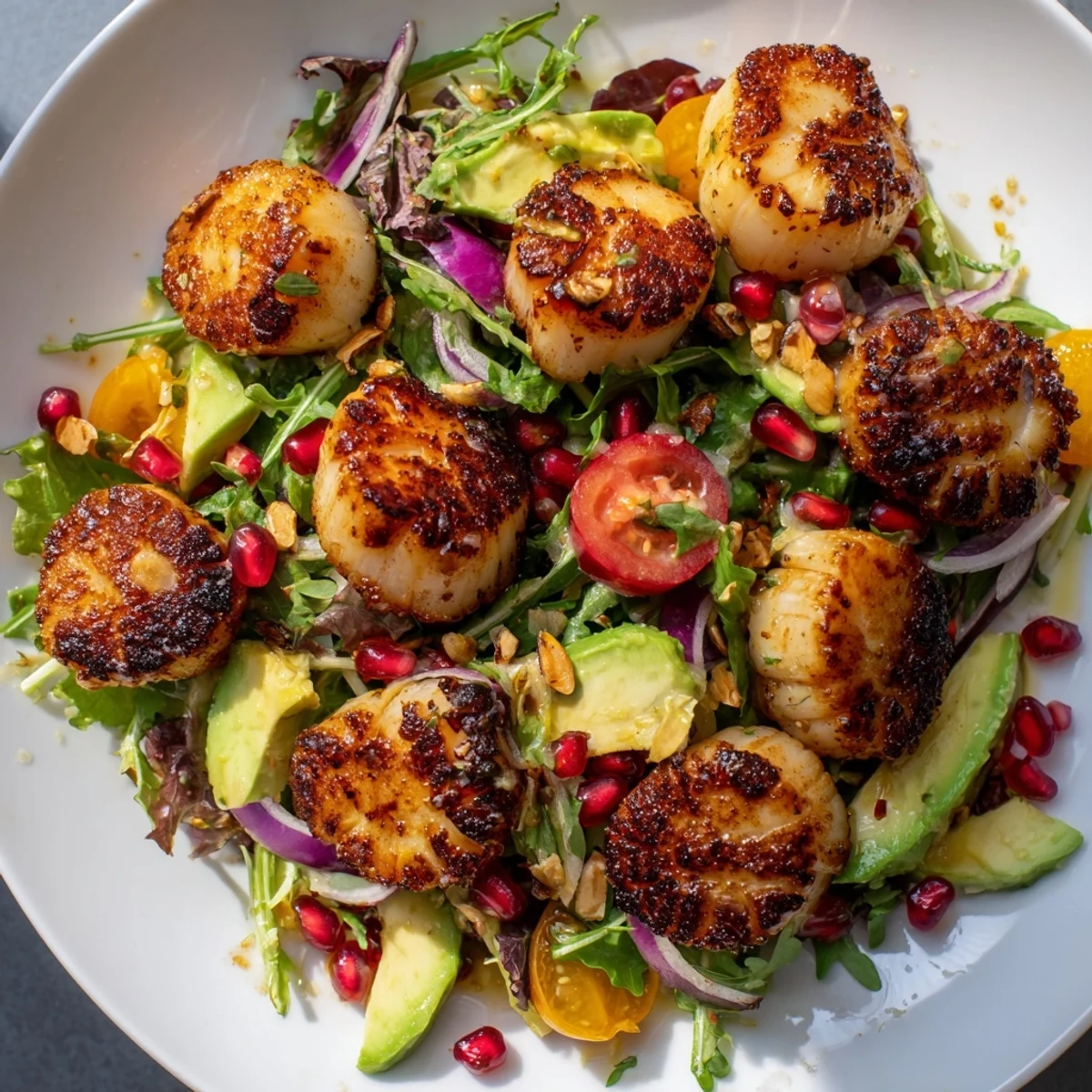 Golden seared scallops rest on a bed of crisp mixed greens with avocado slices and pomegranate arils in this Pan Seared Scallops Romantic Dinner Salad.