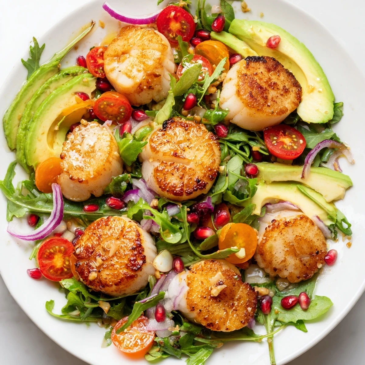 Sizzling scallops just out of the pan are arranged atop a vibrant salad with cherry tomatoes and toasted pine nuts for the Pan Seared Scallops Romantic Dinner Salad.