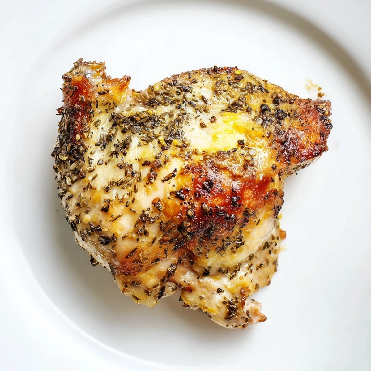 A close-up of Roasted Zaatar Chicken shows juicy meat and a lemon slice beside fresh herbs and a yogurt dip.