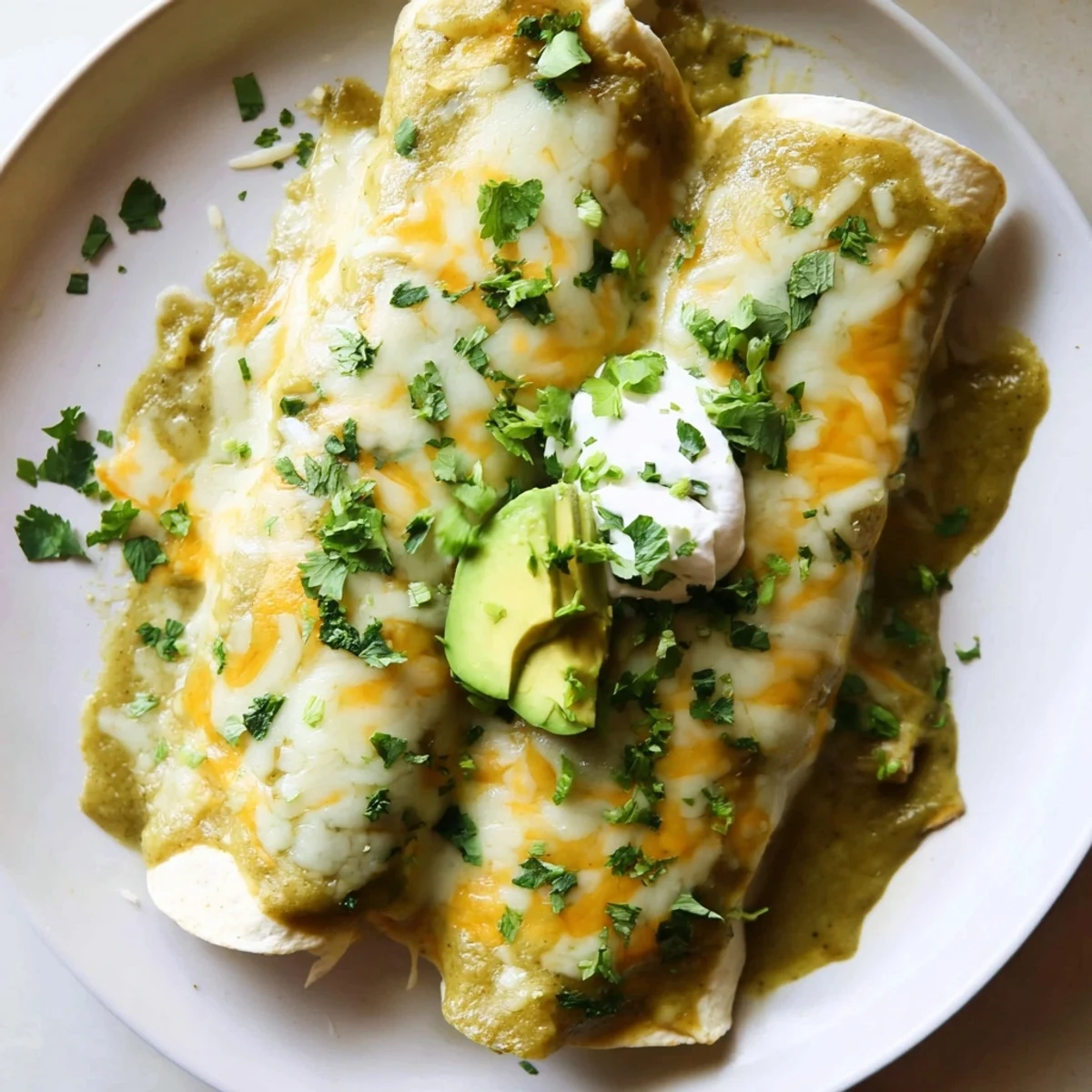 Golden-baked Green Enchiladas With Chicken bubbling in a dish with melted Monterey Jack cheese and fresh cilantro garnish.