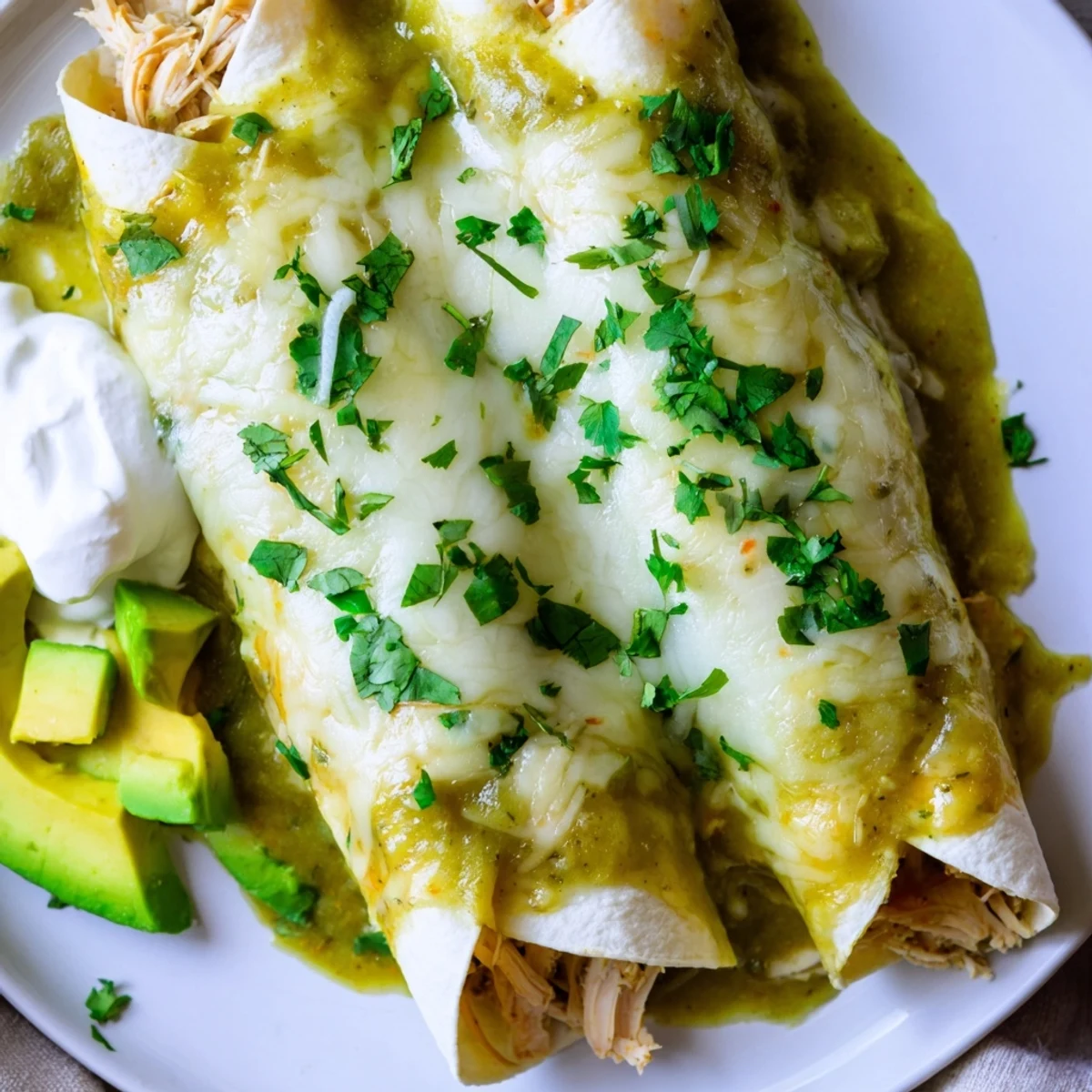 An overhead view of Green Enchiladas With Chicken served on a plate next to a vibrant green salad.
