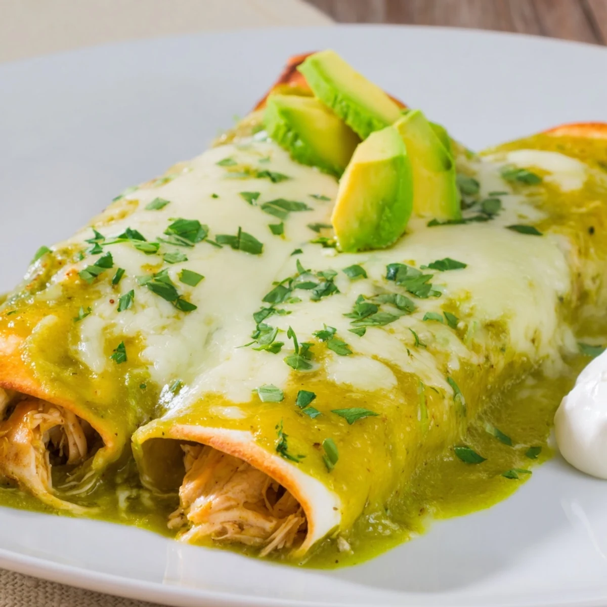A close-up of rolled Green Enchiladas With Chicken covered in tangy green sauce, sour cream, and diced avocado.