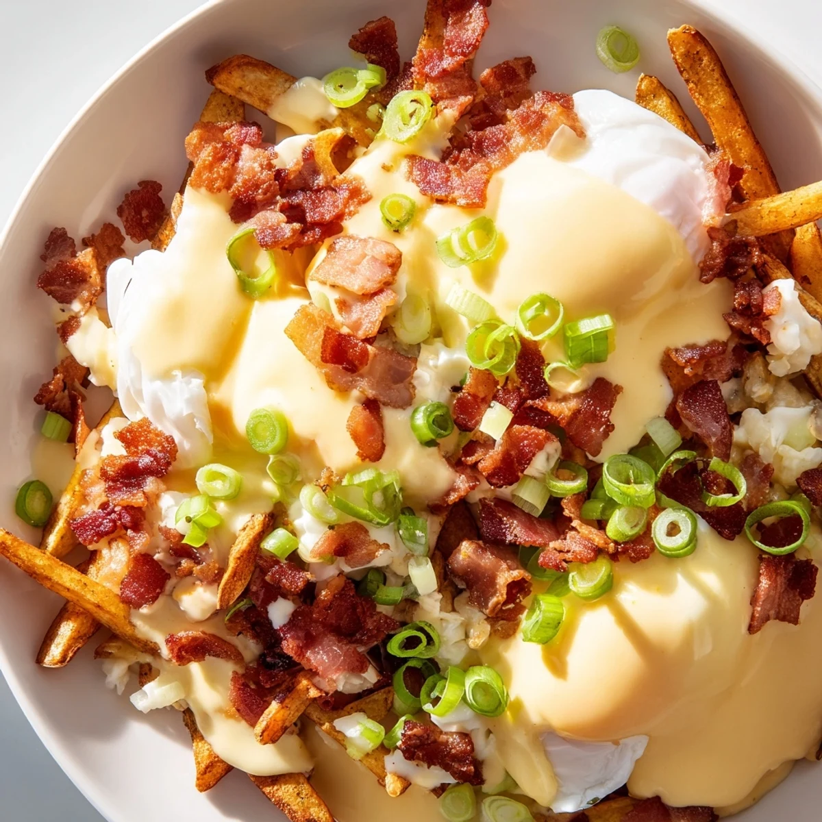 A decadent Ultimate Breakfast Poutine served on a white plate, showcasing golden fries, fresh cheese curds, and a warm, buttery Hollandaise sauce perfect for breakfast.