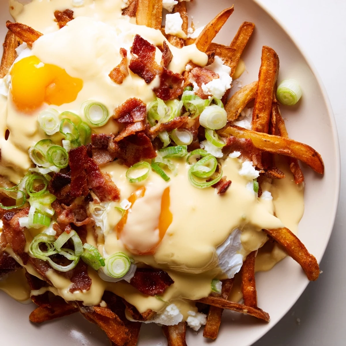 Sizzling brunch platter featuring crispy potato fries, melty cheese curds, a poached egg, and green onions, all smothered in rich Ultimate Breakfast Poutine sauce.