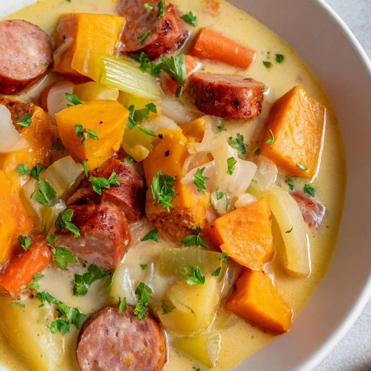 A warm bowl of Creamy Sweet Potato and Sausage Soup topped with fresh parsley, perfect for a cozy dinner.