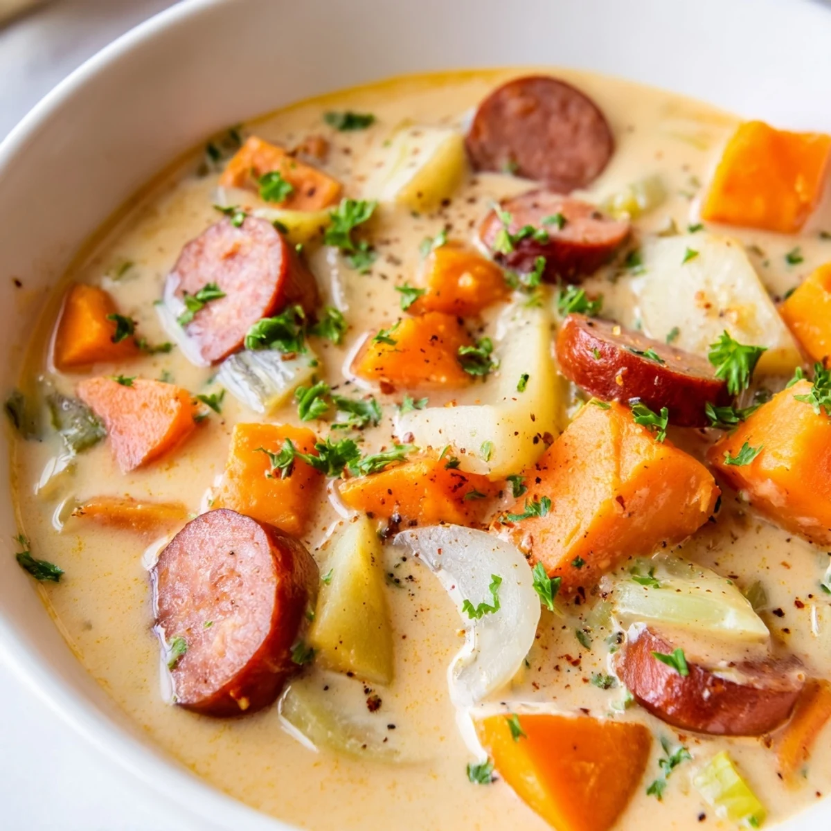 Creamy Sweet Potato and Sausage Soup simmering in a pot, featuring chunks of sweet potato and savory smoked sausage.