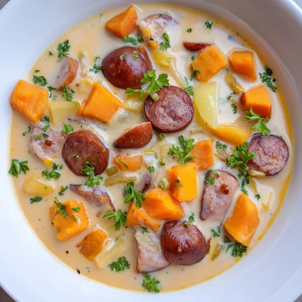 A spoon dipping into Creamy Sweet Potato and Sausage Soup, revealing a velvety texture and aromatic garnish.
