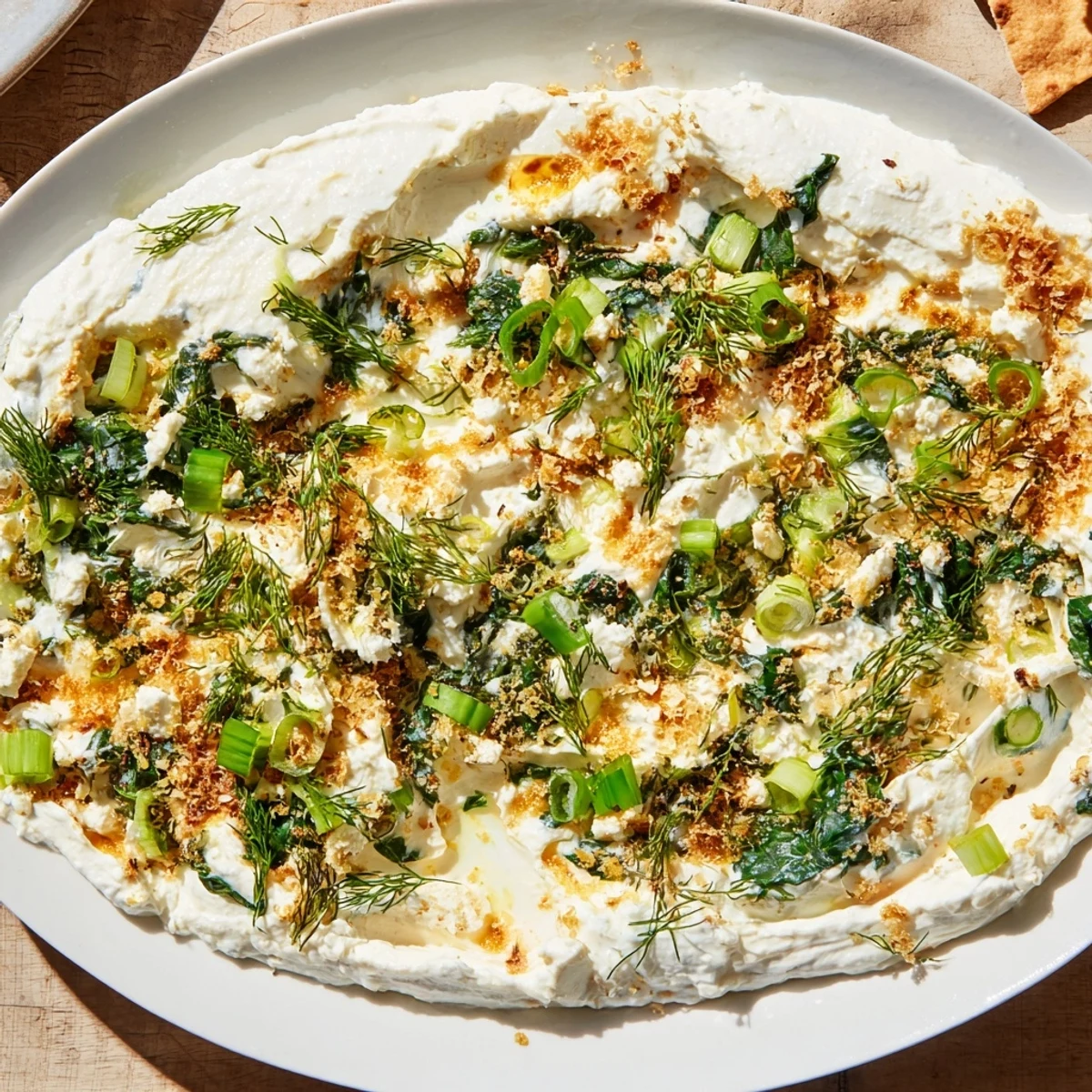 Creamy Spinach and Pepperoncini Baked Feta Dip with bubbly golden top and pita chips for dipping.