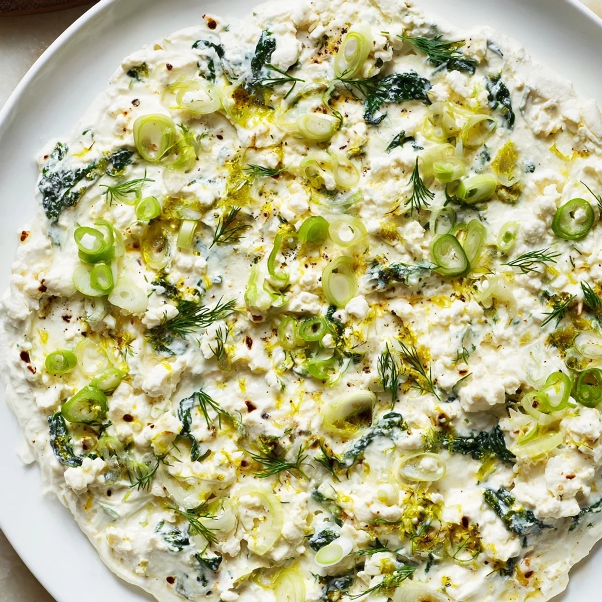 Spinach and Pepperoncini Baked Feta Dip garnished with fresh dill beside colorful veggie crudités.