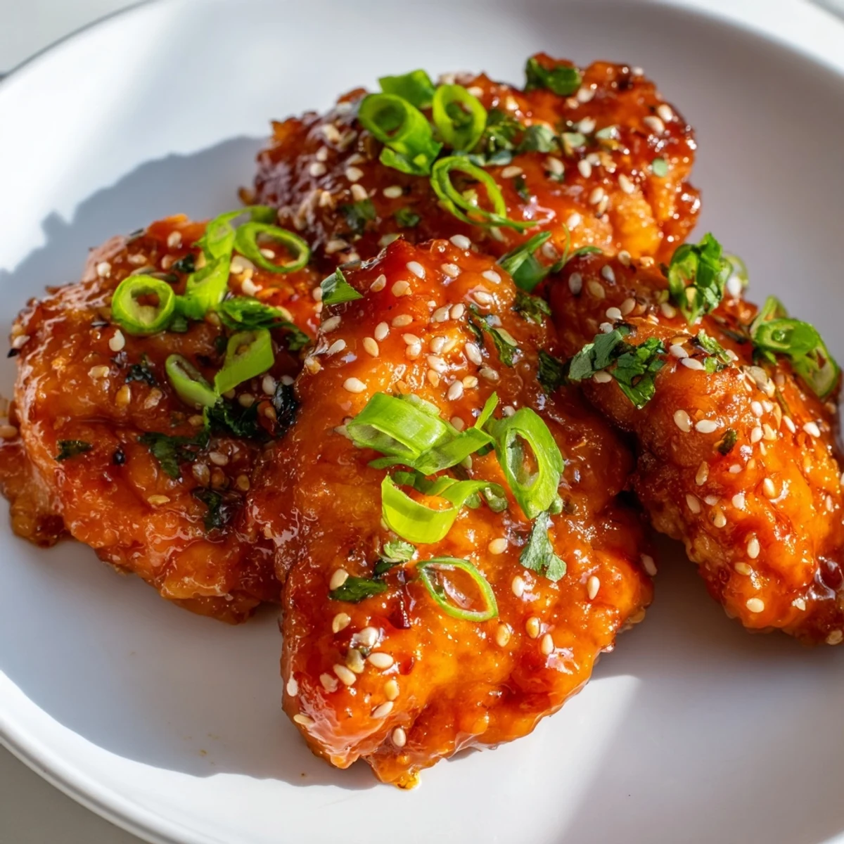 Tender chicken coated in a vibrant Thai-inspired glaze, served steaming hot with lime wedges and a sprinkle of sesame seeds.