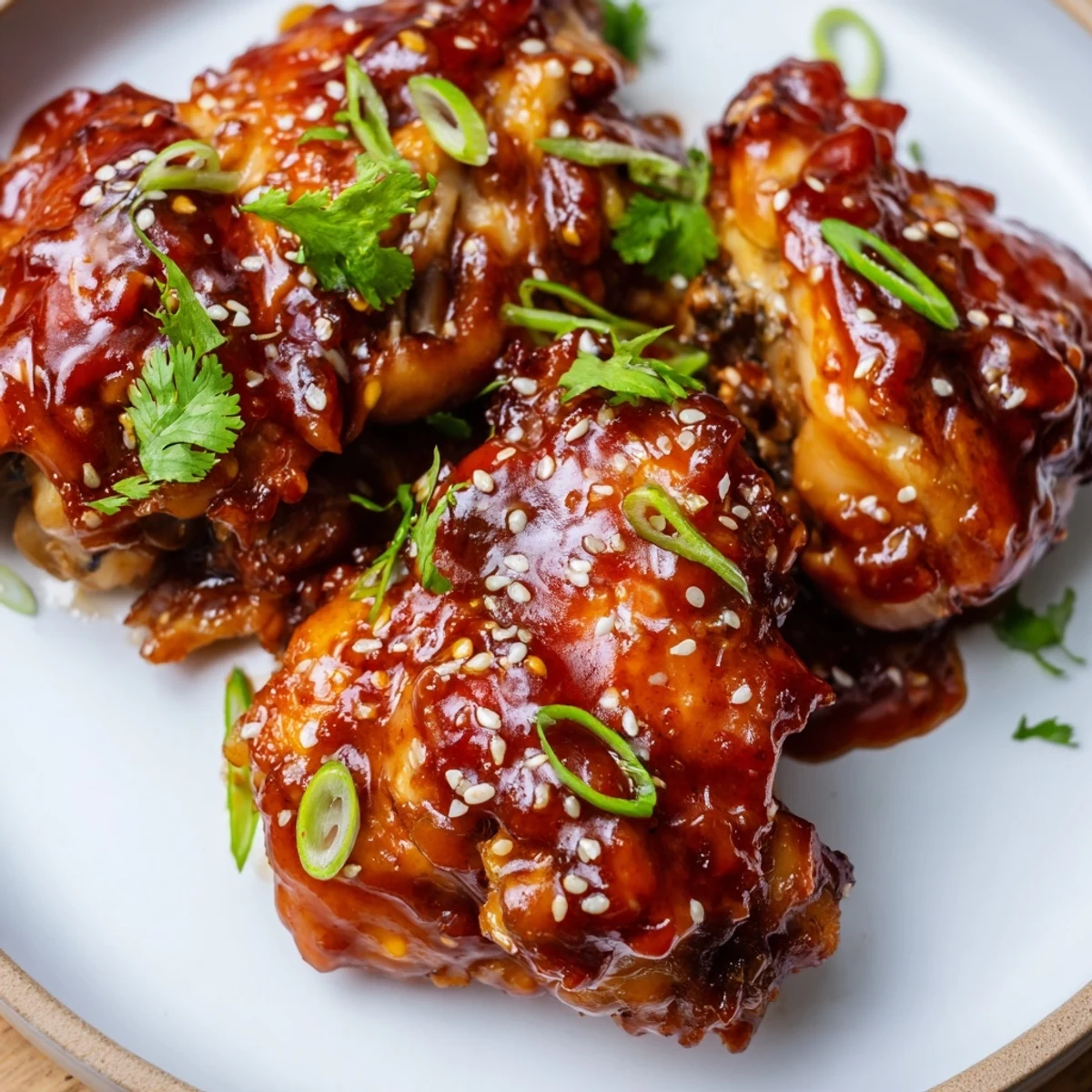 Glazed Sweet and Spicy Thai Chicken pieces glisten over fluffy white rice, garnished with fresh cilantro and sliced green onions.