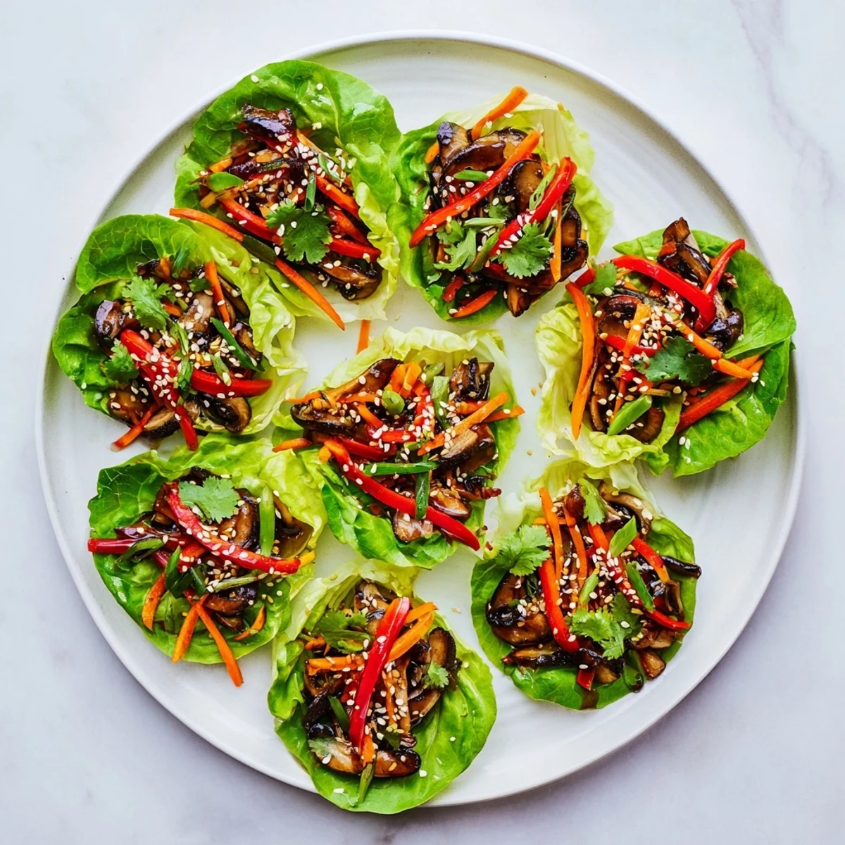 Fresh shiitake mushrooms sautéed with crisp veggies in a savory sauce, nestled in buttery lettuce wraps.