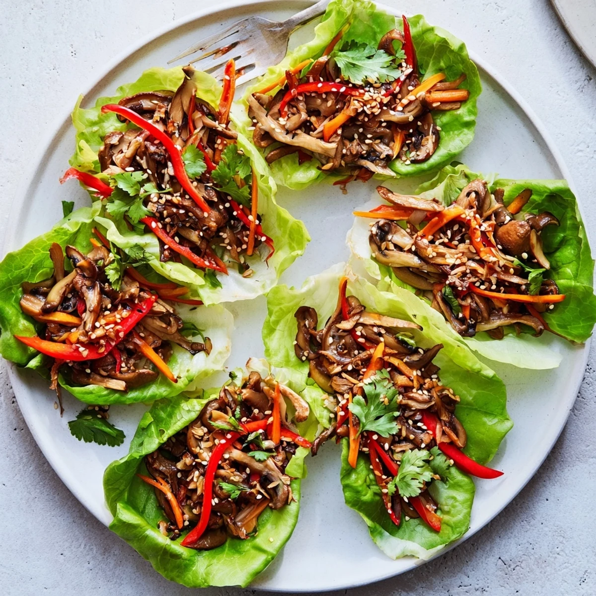 Tender shiitake mushrooms and crunchy veggies in a flavorful sauce, served in fresh lettuce cups.