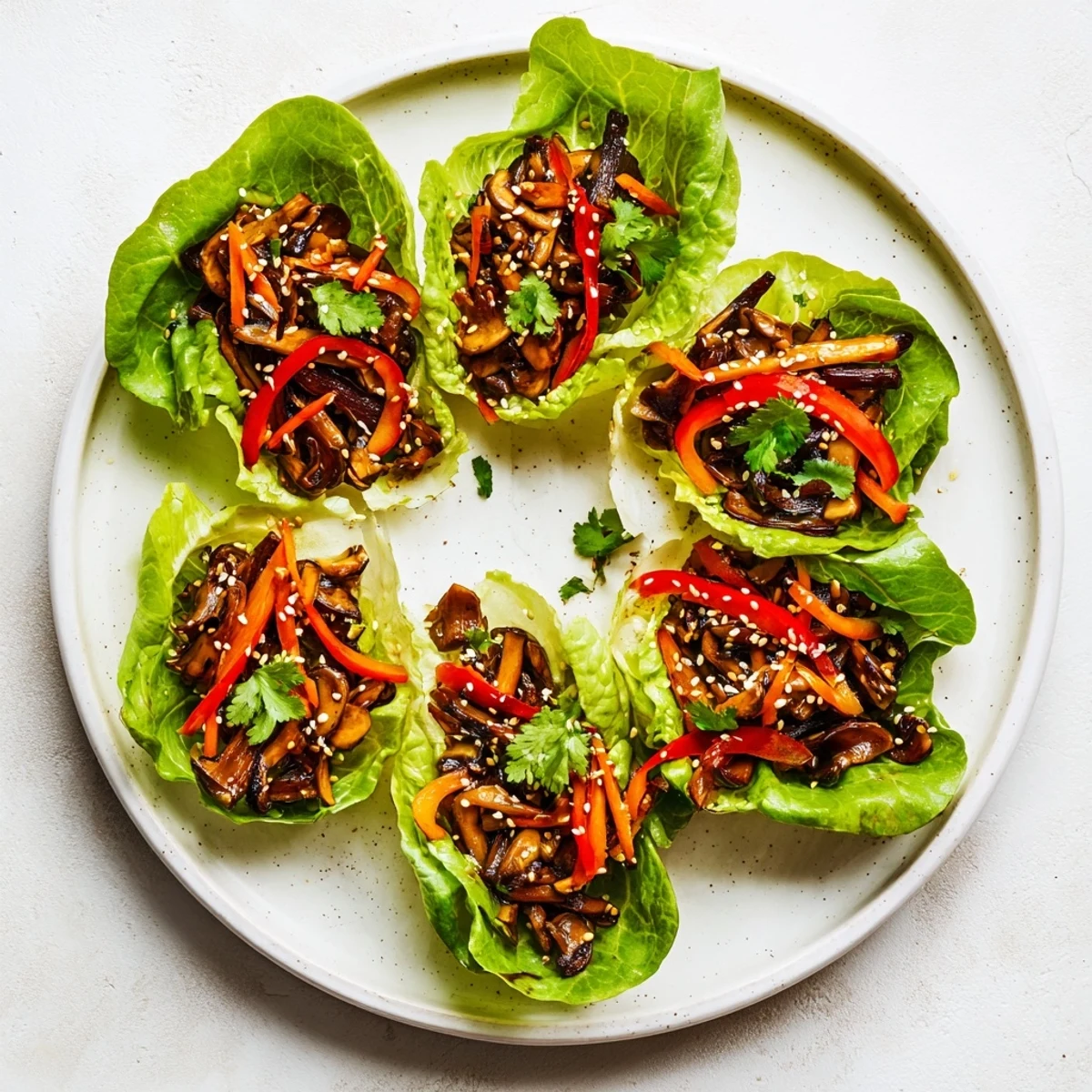 Savory shiitake mushrooms and vibrant vegetables wrapped in cool lettuce, topped with sesame seeds.