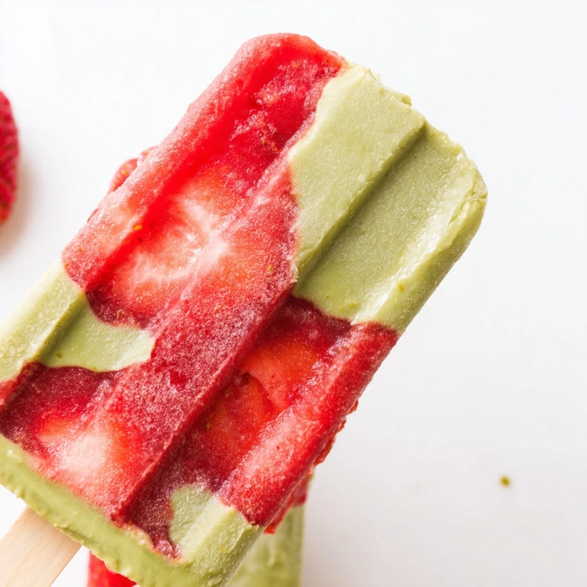Set on a rustic wooden board, this Strawberry Matcha Latte Popsicle glistens with condensation next to fresh berries and mint.