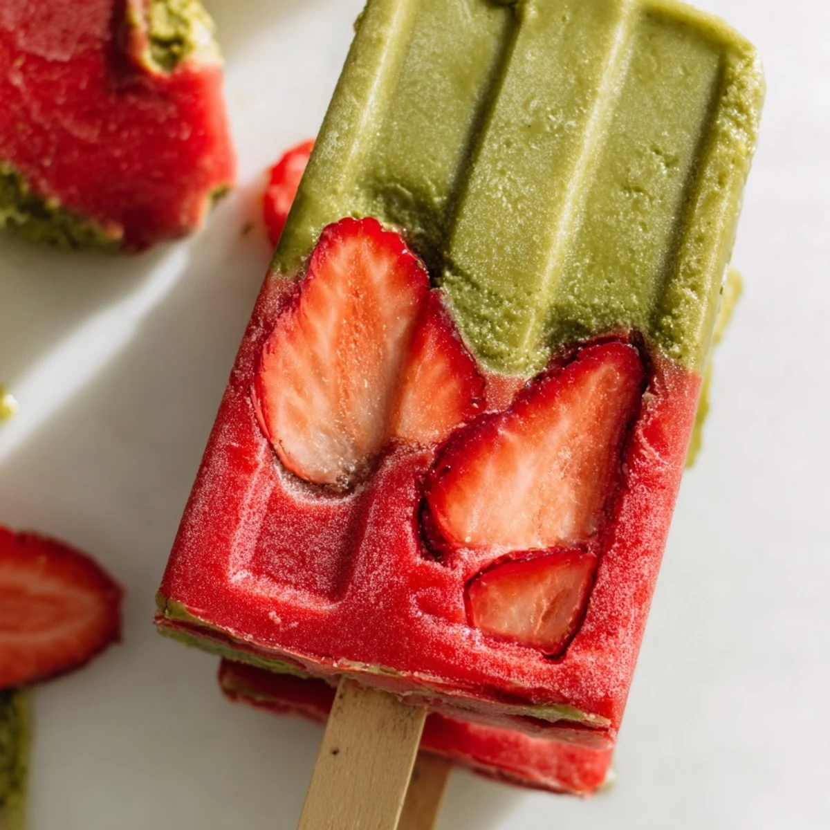 The vibrant pink and green layers of a homemade Strawberry Matcha Latte Popsicle show creamy matcha and sweet strawberry swirls.