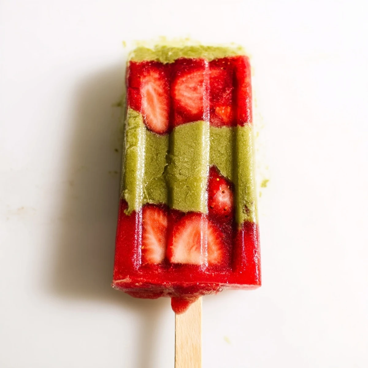 Enjoy a close-up of a Strawberry Matcha Latte Popsicle with creamy texture and a wooden stick against a bright summer backdrop.