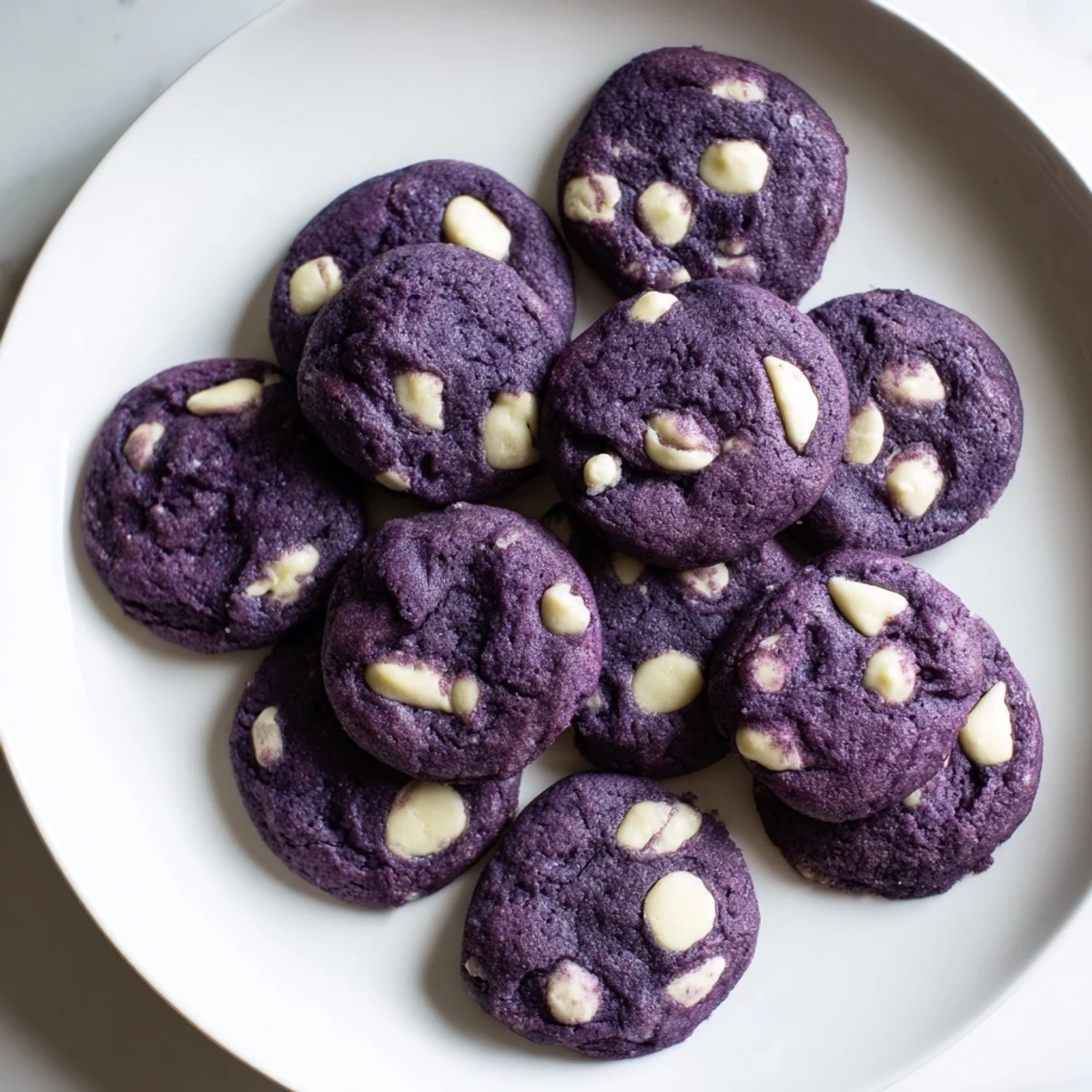 Freshly baked White Chocolate Ube Cookies with purple crumbly edges and creamy white chocolate chunks on a cooling rack.