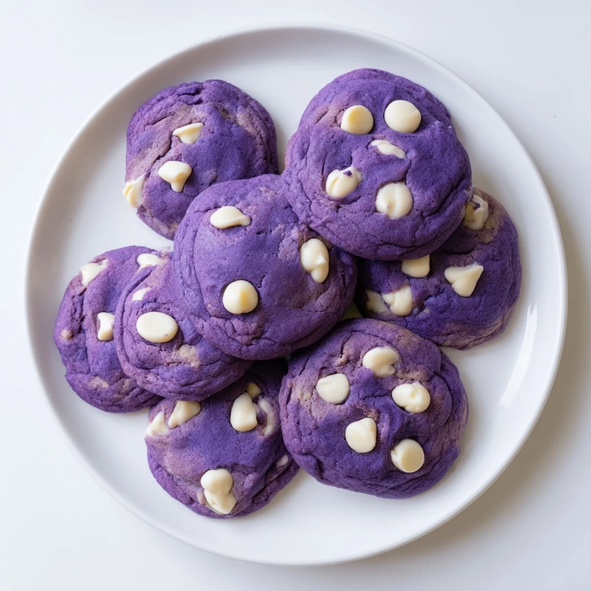 Warm White Chocolate Ube Cookies stacked high, purple hue speckled with melted white chocolate, ideal for afternoon snacks.