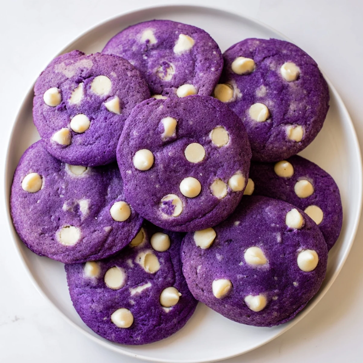 Vibrant White Chocolate Ube Cookies arranged on a baking sheet, soft centers with chewy texture, perfect for dessert lovers.