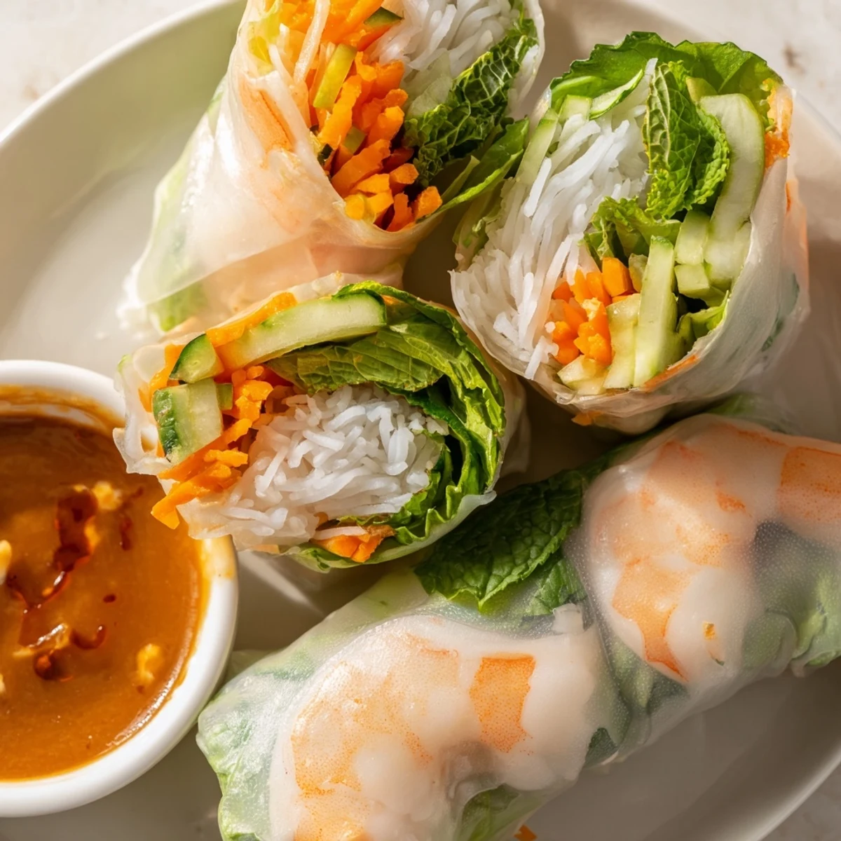 Freshly rolled Vietnamese Spring Rolls filled with crisp veggies and shrimp, served with creamy peanut dipping sauce.