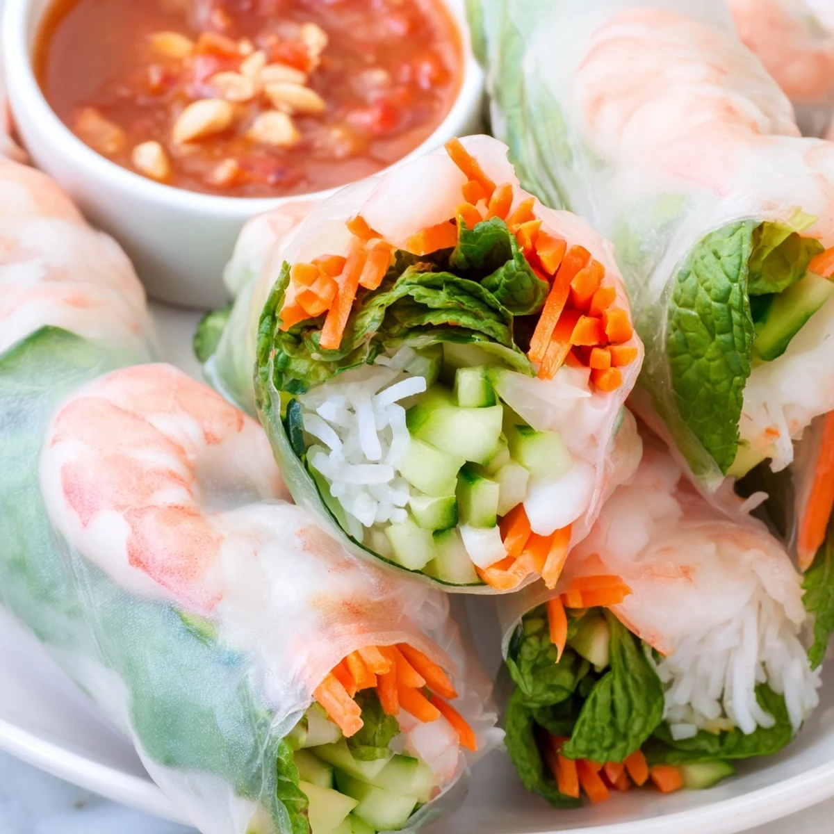 Bright Vietnamese Spring Rolls with carrots and herbs on a bamboo tray beside a small bowl of peanut sauce.