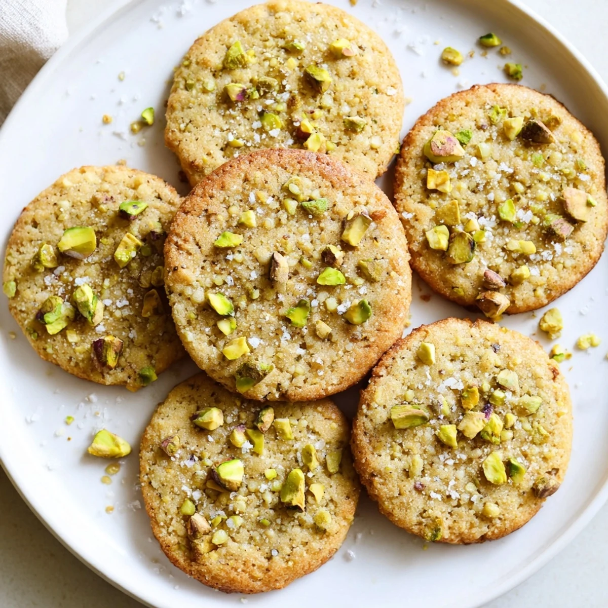 Chewy Salted Honey Pistachio Cookies showcase golden edges and cracked tops with pistachios on a white plate.