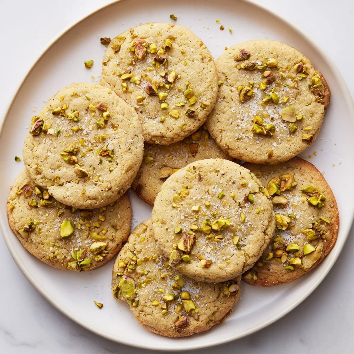 Freshly baked Salted Honey Pistachio Cookies rest on a wire rack, paired with a glass of milk for serving.