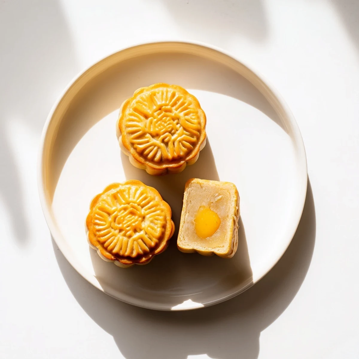 A beautifully baked Mooncake with a golden-brown crust is displayed next to a steaming cup of Chinese tea, perfect for the Mid-Autumn Festival.