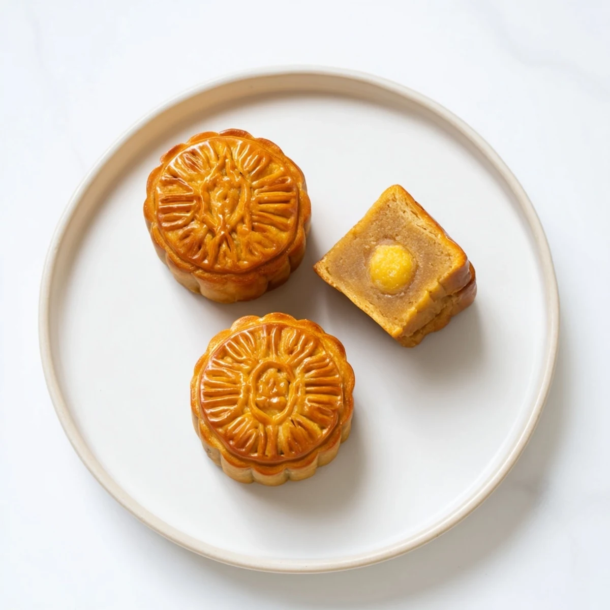 This traditional Mooncake is sliced open to reveal the sweet lotus seed paste filling, showing off the tender pastry and rich texture.