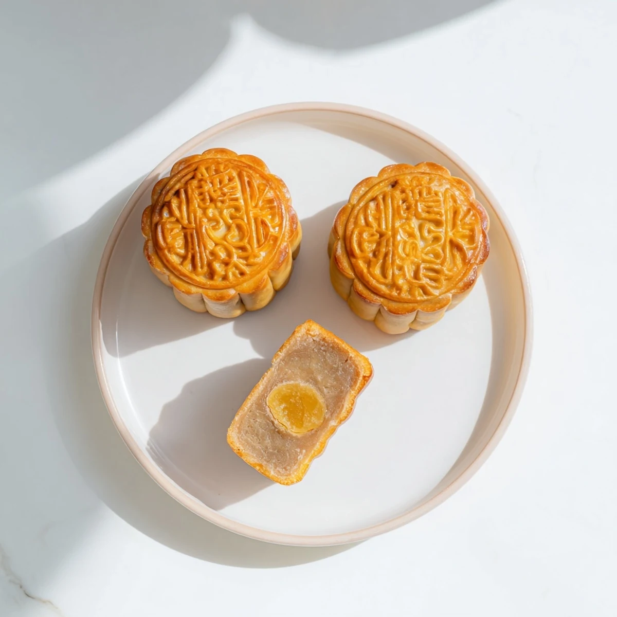 A stack of Mooncakes sits on a wooden table, ready to serve with fragrant tea, highlighting the classic shape and glossy glaze.