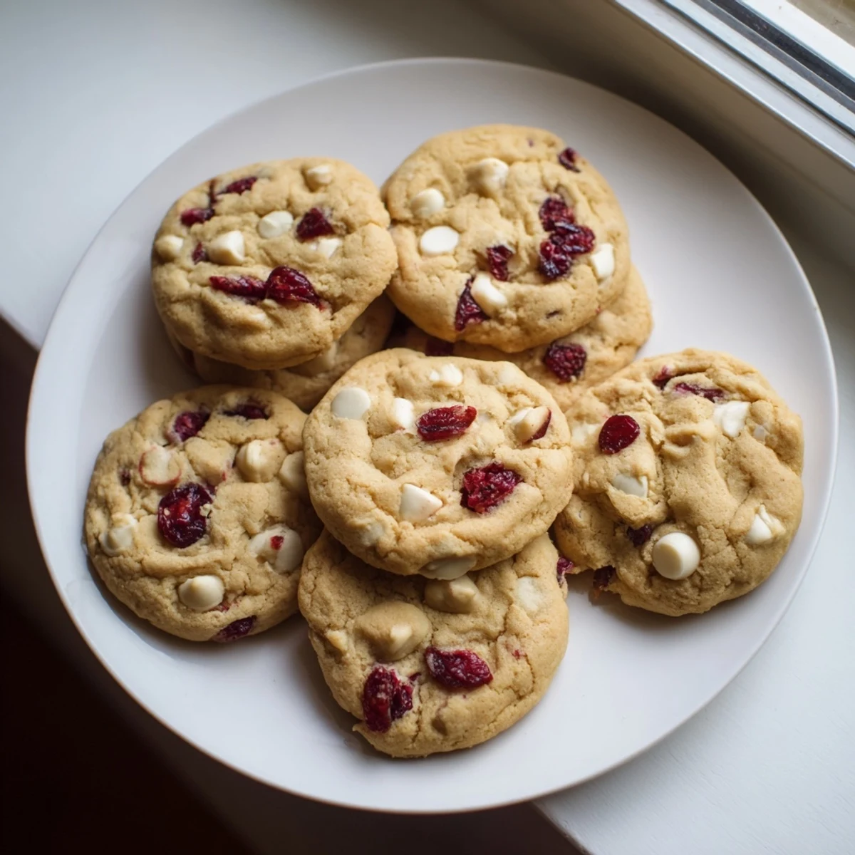 Stack of White Chocolate Cranberry Cookies on a festive plate, showing chewy texture and melted white chocolate with bright dried cranberry pieces.