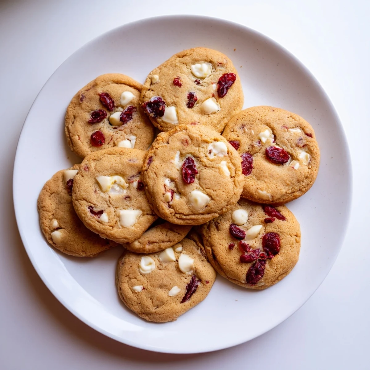 A plate of freshly baked White Chocolate Cranberry Cookies with soft centers and golden edges, studded with creamy white chips and tart red cranberries.