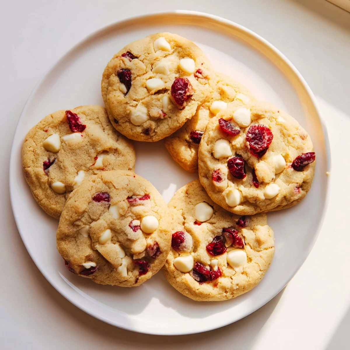 Warm White Chocolate Cranberry Cookies with buttery aroma, served on a wooden board beside a glass of milk for dipping.